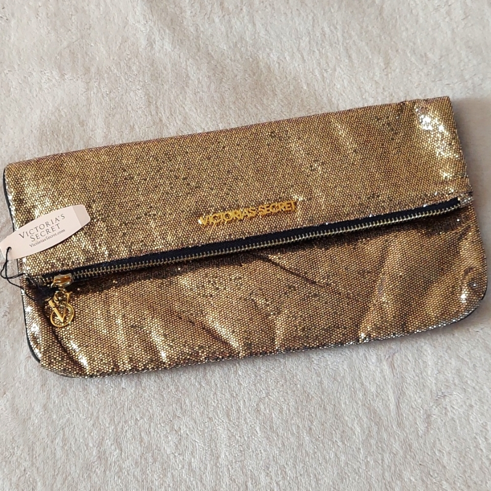 Victoria's Secret Gold Sparkly Fold Over Clutch Accessory Bag